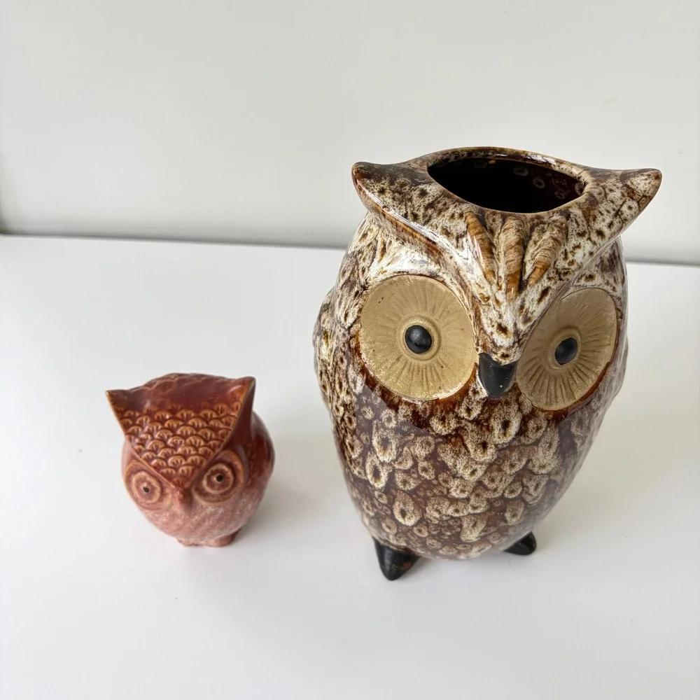 Ceramic Owl Vase and Greenbrier Owl Figurine Set
